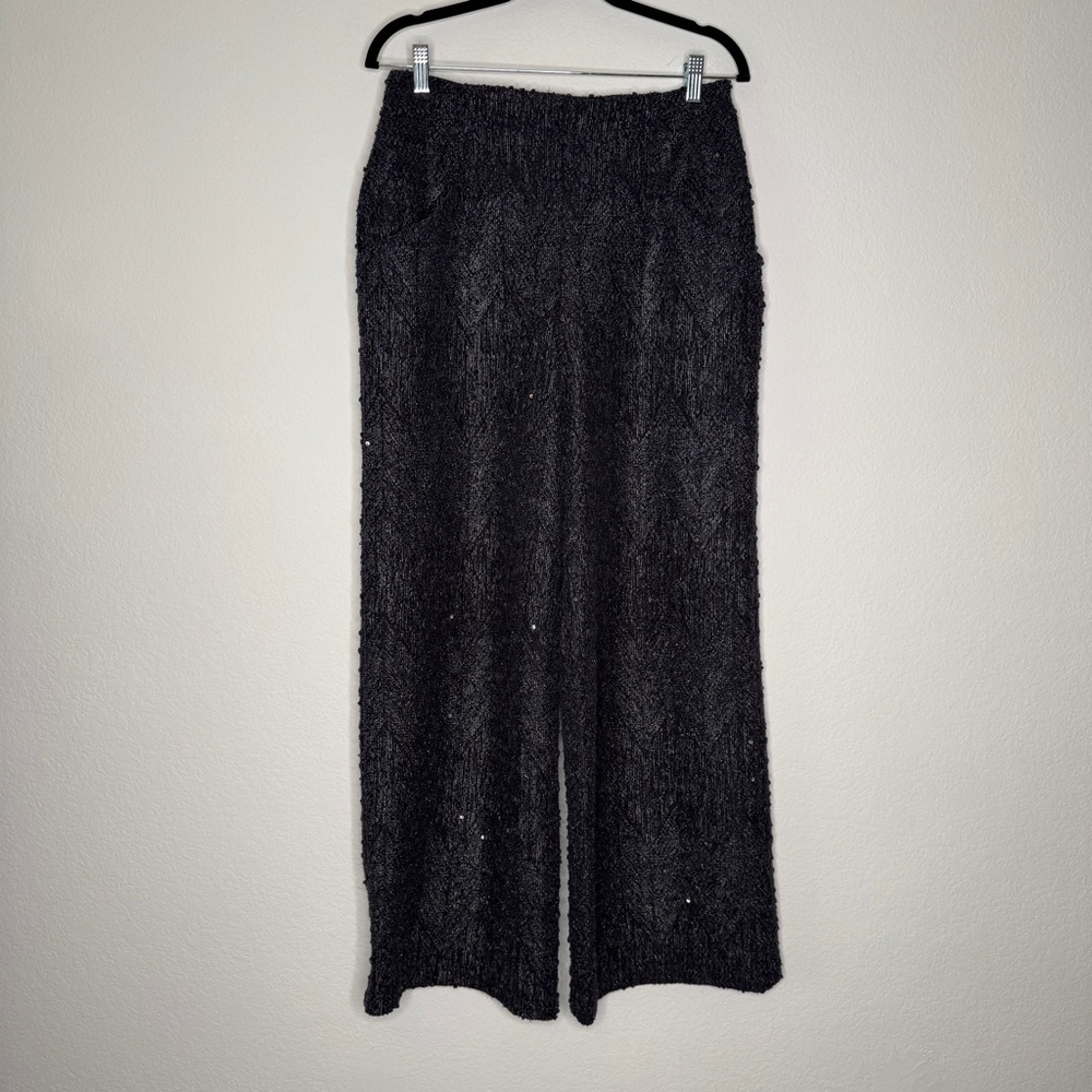 Eva Franco Wide Leg Pants Navy Sequin Textured Partially Lined Pockets Size 6